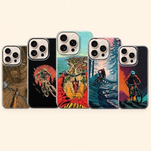 May include: Five phone cases with mountain biking designs. The cases feature illustrations of cyclists on trails, with vibrant colors and dynamic compositions. Each case showcases a different scene, capturing the thrill of mountain biking.