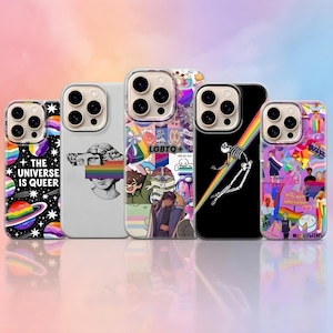 May include: A collection of five phone cases with various designs. One case features a galaxy design with the text "THE UNIVERSE IS QUEER." Another has a statue with a rainbow bar. Other cases display LGBTQ+ themes, including a skeleton on a rainbow and a collage of images.