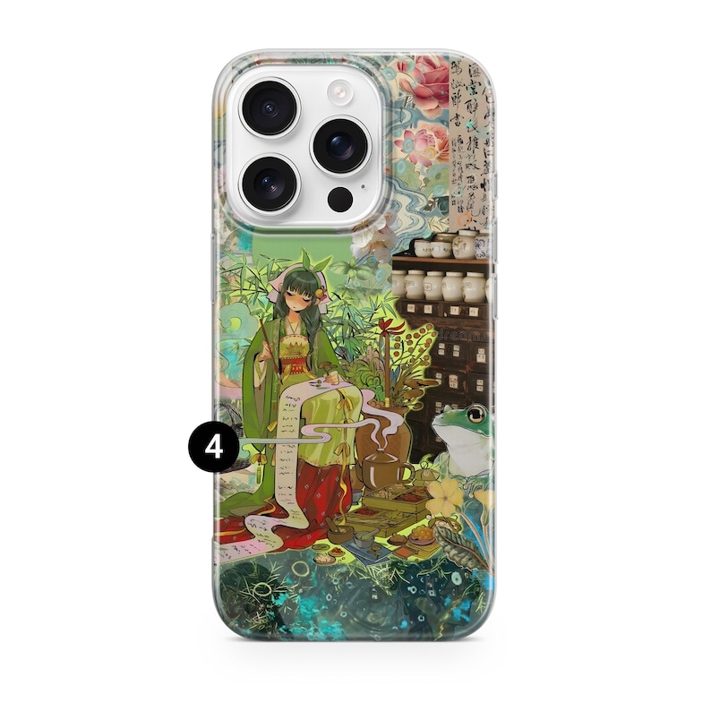 May include: A phone case featuring an anime-style illustration of a woman in a green kimono, writing on a scroll. The design includes a frog, tea sets, and floral elements, with a colorful, detailed aesthetic.