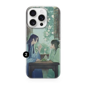 May include: Clear phone case featuring an anime-style illustration of two figures in traditional clothing seated at a table. The scene depicts a serene moment with tea and a floral backdrop. The case has a glossy finish.