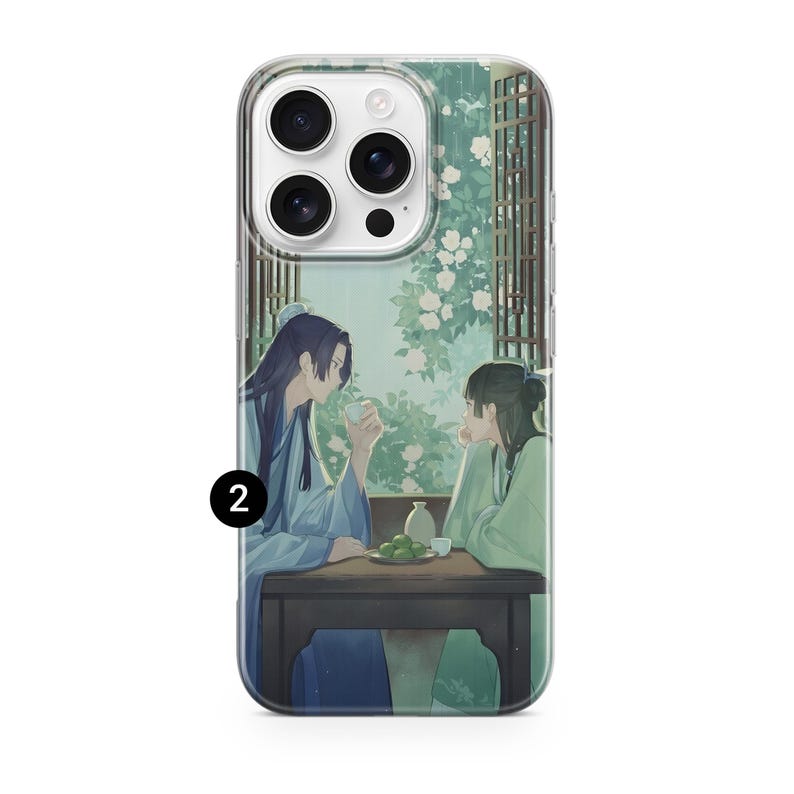 May include: Clear phone case featuring an anime-style illustration of two figures in traditional clothing seated at a table. The scene depicts a serene moment with tea and a floral backdrop. The case has a glossy finish.