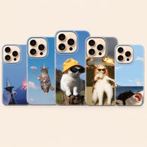 May include: A set of phone cases with quirky cat designs. The cases depict cats in amusing situations, such as a wizard cat, a cat with a witch's hat, a cat wearing sunglasses, and a cat enjoying a drink.