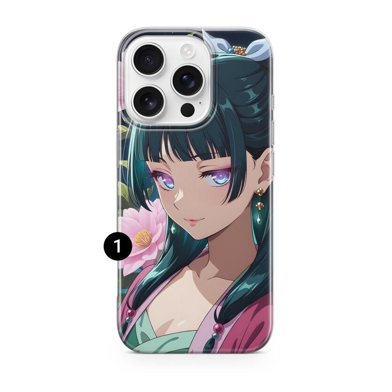 May include: Clear phone case featuring an anime-style illustration of a woman with long dark hair, purple eyes, and a pink and green outfit. A pink lotus flower is visible in the background. The case has a glossy finish.