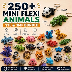 May include: A collection of 3D-printed mini flexi animal keychains. The image features a variety of colorful animal designs, including a panda, alligator, shark, and giraffe. The text reads "250+ MINI FLEXI ANIMALS STL & 3MF BUNDLE".