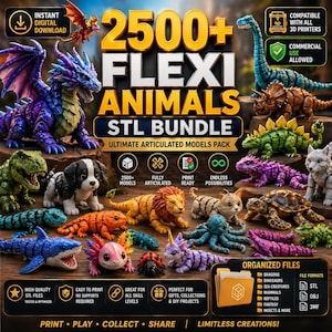 May include: A collection of 3D-printed flexi animal models, including dragons, dinosaurs, and sea creatures. The image features a variety of colorful, articulated figures, with the text "2500+ FLEXI ANIMALS STL BUNDLE" and "ULTIMATE ARTICULATED MODELS PACK". The models are compatible with 3D printers.