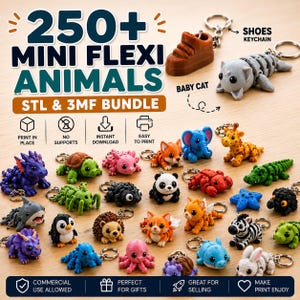 Könnte beinhalten: Eine Sammlung von 3D-gedruckten Mini-Flexi-Tier-Schlüsselanhängern in verschiedenen Farben. Das Bild zeigt einen braunen Schuh-Schlüsselanhänger und einen grauen Babykatzen-Schlüsselanhänger. Der Text auf dem Bild lautet "250+ MINI FLEXI ANIMALS STL & 3MF BUNDLE".