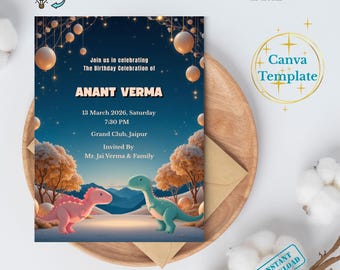 Dinosaur Kids Birthday Invitation Template Editable in Canva | Cute Dino Party Invite