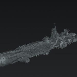 May include: A detailed, gray spaceship model with intricate surface details, including turrets, antennas, and engine components. The spacecraft has a long, rectangular body with rounded ends and is set against a dark background.