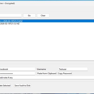 May include: Screenshot of a password management application. The interface displays a search bar, a list of saved entries, and fields for website, username, password, and notes. The text "PasswordVault" is visible at the top.