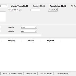 May include: Screenshot of a personal expense tracker application. The interface displays fields for entering expenses, including date, category, and amount. The top section shows the month, total, budget, and remaining balance. Buttons for adding, deleting, and exporting data are visible.