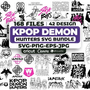 May include: A collection of black and white graphic designs, including illustrations and text elements. The central design features the text "KPOP DEMON HUNTERS SVG BUNDLE" with file format details. Additional designs include stylized figures and text like "Sit Boys".