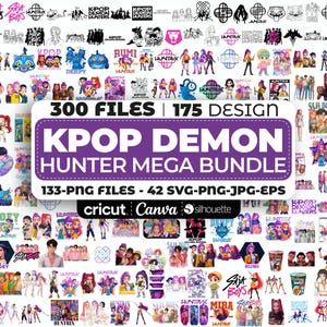 Könnte beinhalten: Eine Sammlung digitaler Designs mit Illustrationen und Grafiken zum Thema K-Pop. Das Bild zeigt verschiedene Charaktere, Logos und Textelemente, wobei die Worte "KPOP DEMON HUNTER MEGA BUNDLE" prominent dargestellt werden. Das Bundle enthält 300 Dateien und 175 Designs.