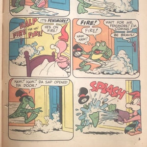 May include: A comic book page featuring a green frog character in a variety of humorous situations. The frog is wearing a top hat and is shown opening a door, putting out a fire, and getting out of a closet. The comic book page is in color and features a variety of speech bubbles and sound effects.