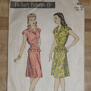 May include: Vintage sewing pattern for a dress with a ruffled skirt. The pattern is from Du Barry Patterns and is for size 12, bust 30. The pattern is from the 1960s.