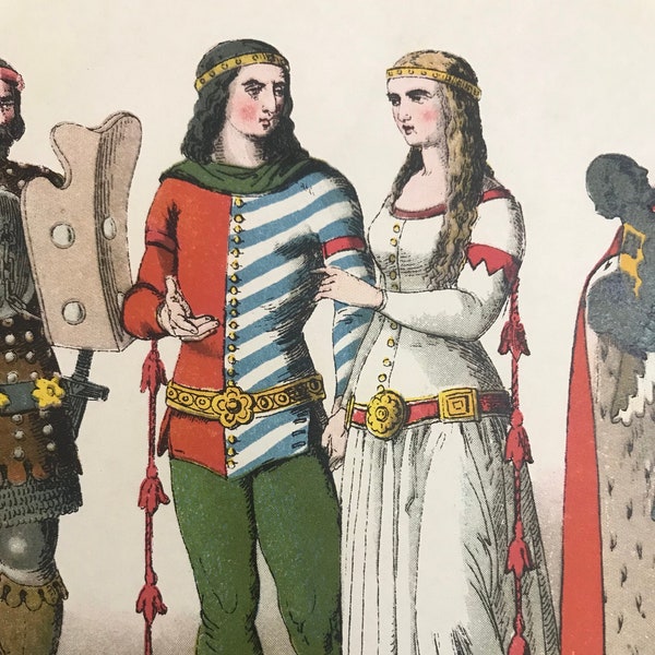 Two Vintage German Knights, Lords, Nobility and More Lithographed Clothing Plates in Color from "Costumes of All Nations" Published in 1882
