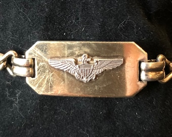 Vintage WWII Sterling Silver Air Force Wing Bracelet: Heavy Curb