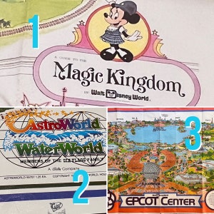 May include: A collage of three vintage park maps. The top map features a cartoon of Mickey Mouse in front of a pink sign that reads "A Guide to the Magic Kingdom of Walt Disney World". The middle map is for Astro World Water World, a Six Flags park. The bottom map is for Epcot Center, featuring a map of the park with the words "Future World" and "World Showcase".