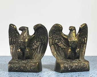 Vintage Cast Metal Bald Eagle ALL AMERICAN Bookends Set - MCM - Brass Finish - Hollow  - Office, Cabin, Colonial Decor