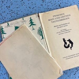 May include: An open book with the title "ZWISCHEN MAIN UND GRÜNEN TAUNUSBERGEN" in black text. The book's cover features green tree illustrations. The pages are aged with visible wear. The book is on a blue speckled surface.