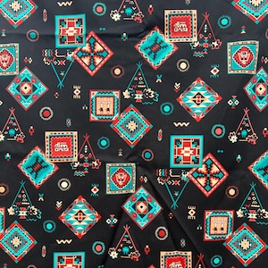 May include: Black fabric with a repeating pattern of turquoise, red, and gold geometric shapes. The pattern includes stylized teepees, diamonds, and other Native American inspired designs.