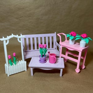 Vintage 1990's Barbie Flower Garden Play Set,  Bench, Table and Cart And  Accessories