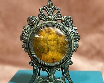 LOVELY Vintage Religious Christian Catholic Floral Tiny Bronzed Metal Framed Picture of Jesus Christo - Made in France