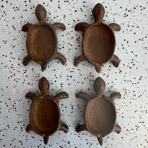 May include: Four cast iron turtle-shaped dishes. Each dish is brown with a textured surface, featuring a turtle's head, flippers, and tail. The dishes are arranged in a square pattern against a light blue background.