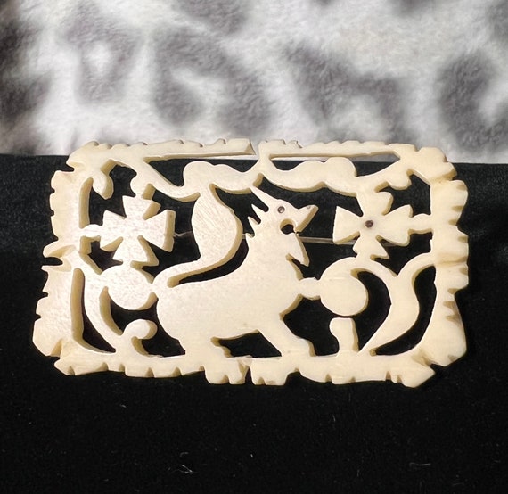 Vintage Carved Bone Brooch Iron Cross Lion