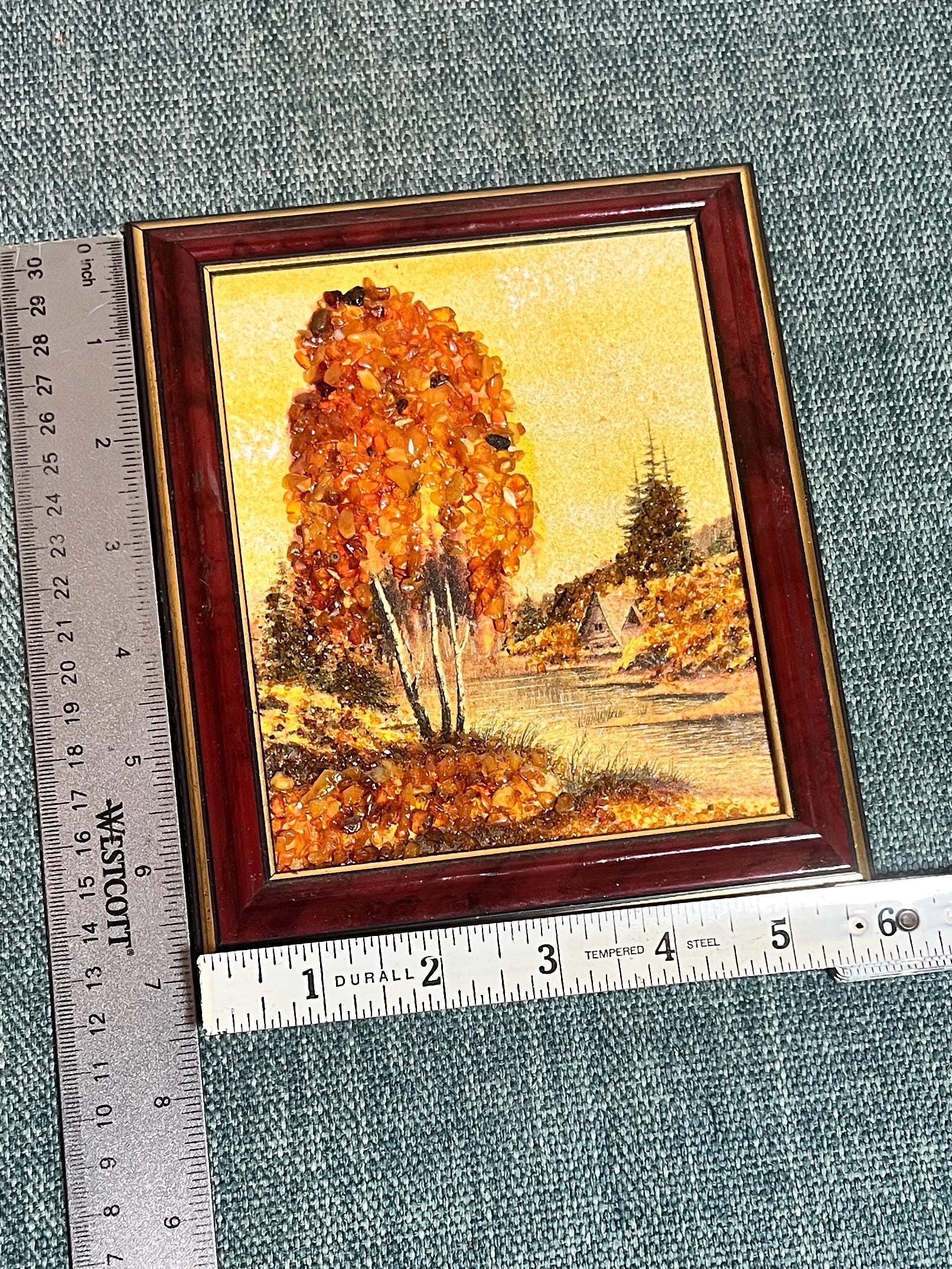 Vintage Baltic Amber Real Stone Painting Framed Picture Latvian