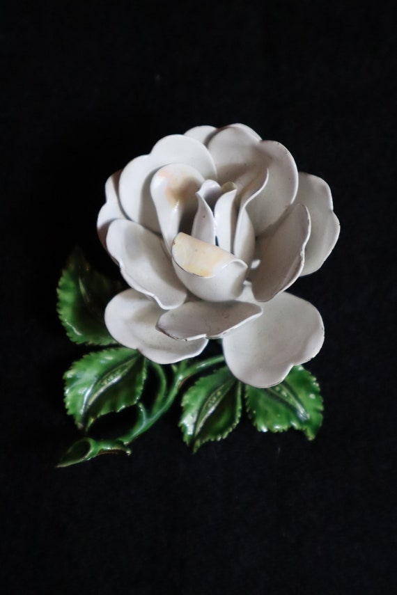 White enamel rose brooch -- Original by Robert