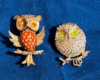 Vintage Gold Bejeweled Owls Sarah Coventry Uranium Eyed Owl