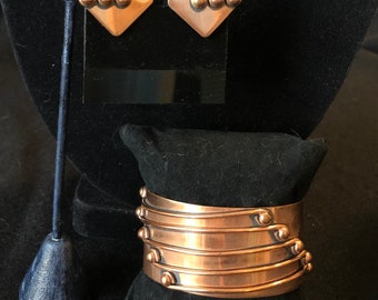Vintage Renoir copper cuff bracelet & clip earrings set