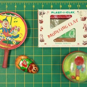 Lot of four vintage toys - tin, plastic & clay 1950&#39;s-70&#39;s