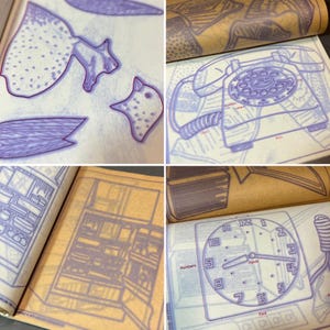 May include: An open book with pages showing various illustrations and diagrams. The illustrations include a bird, a telephone, a clock, and a bookshelf. The pages are a light brown color with blue ink.