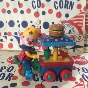 80's Pull Back Toy Clown Hamburger Stand Cart and 1950's Jumbo Circus  Popcorn Bags