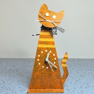 Handmade By Oxidos Orange Tabby Cat Tabletop Clock - Fun Whimsical Unusual Table Clock - Working