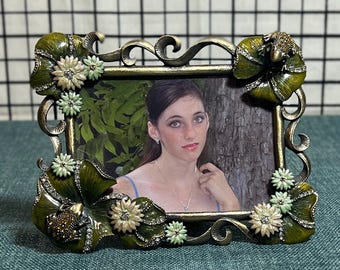 GORGEOUS Ashleigh Manor Enameled Frogs Lily Pad Rhinestone Photo Frame Art Nouveau Style