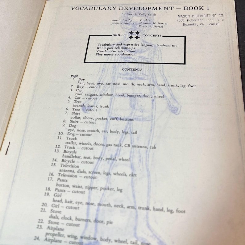 May include: A black and white book titled "Vocabulary Development - Book 1" with a blue outline of a person. The book is open to a page with a table of contents listing various objects and their parts. The book is published by Mason Distributing Co. in Roanoke, Virginia.