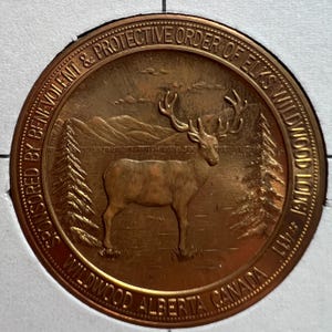 May include: A bronze-colored commemorative coin featuring a detailed depiction of a stag in a natural landscape. The coin's outer ring includes the text "Sponsored by Benevolent & Protective Order of Elks Wildwood Lodge #471 Wildwood Alberta Canada."