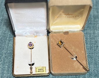 Vintage Empress Tiger's Eye Stick pin with Original Velvet Box.Authentic Tiger's Eye Gemstone Stick Pin - Genuine Amethyst Stick Pin