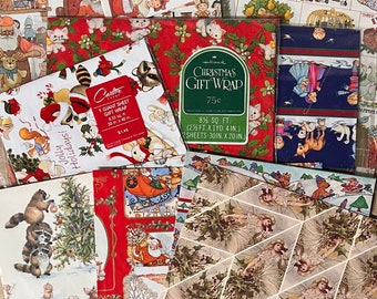 Vintage Christmas Gift Wrap Pack. Large Lot. 13 sheets of pure Xmas nostalgia! Angels! Baby jesus! Santa! And Xmas KITTENS!!