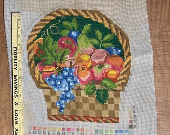 Vintage **Completed** Needlepoint Fruit in a Basket Chair Back Cover or Pillow Case?