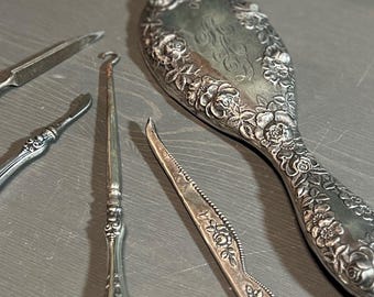 Vintage Vanity Accoutrements • Brush Cover • Comb Cover • Button Hook• File • Ornate Victorian Sterling Silver. With the initials M.A.D.