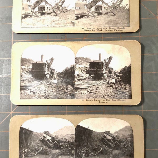 Vintage Panama construction Stereoview photo card - lot of 3