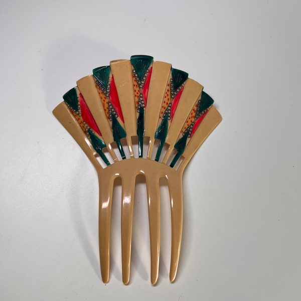 Large Vintage Art Deco Celluloid Hair Comb with Fan Design