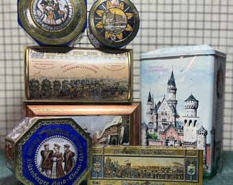¡Latas alemanas antiguas! E. Otto Schmidt Castillo de Neuschwanstein Núremberg Hermosa caja decorativa con bisagras para galletas y dulces en relieve #containercore