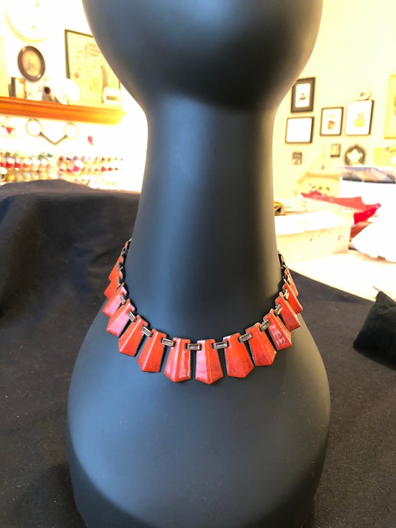 Matisse orange copper enamel necklace & earrings - 1950's