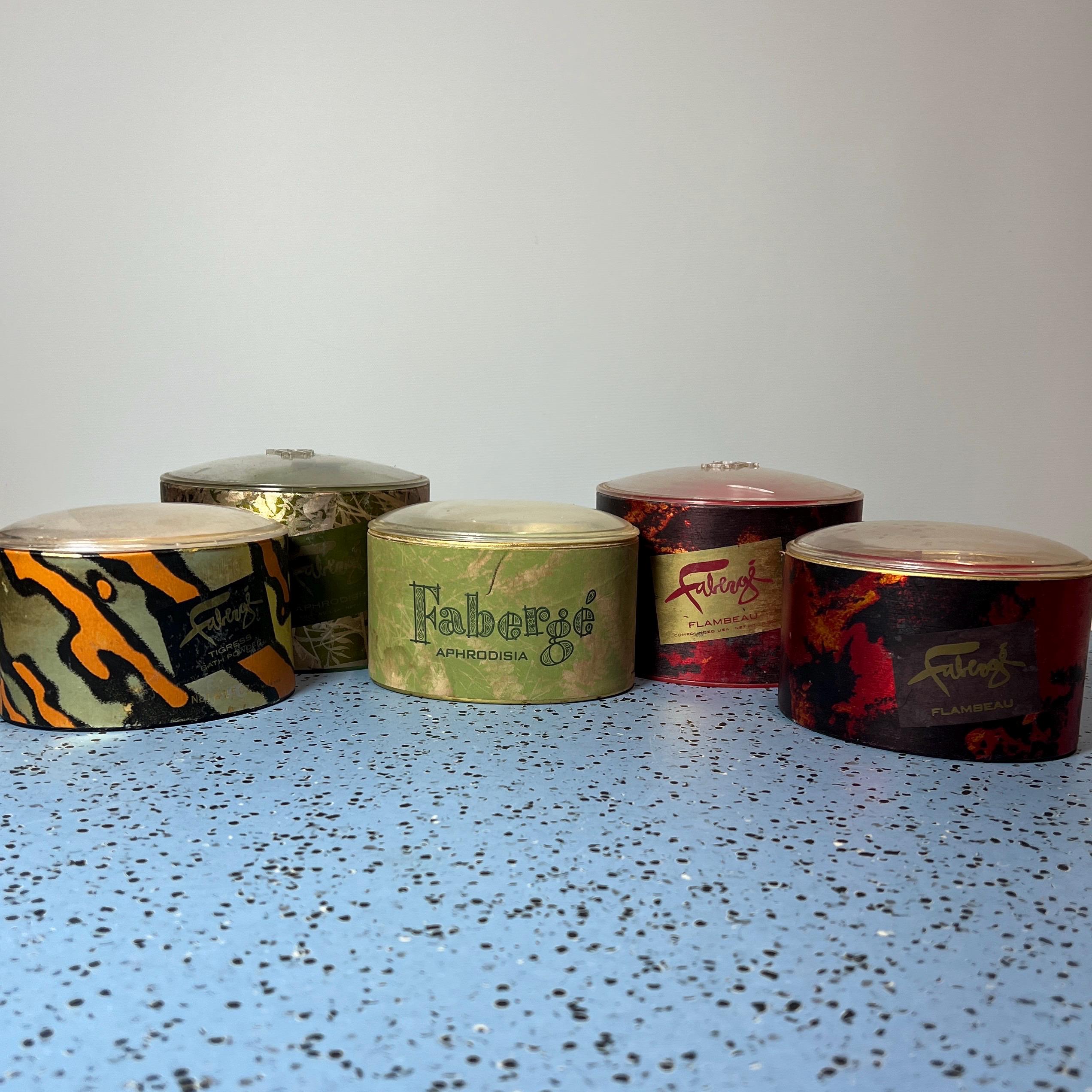 Vintage FABERGE Perfumed Dusting Bath & Body Powder Containers with Poofs - Display, Set Design, Collectibles