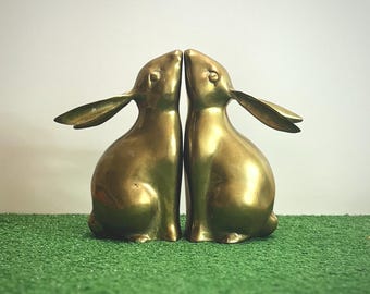 Vintage Gorgeous MCM Solid Brass Rabbit Bookends!! Sculptural Mid Century Modern Hare Decor #Bunnycore