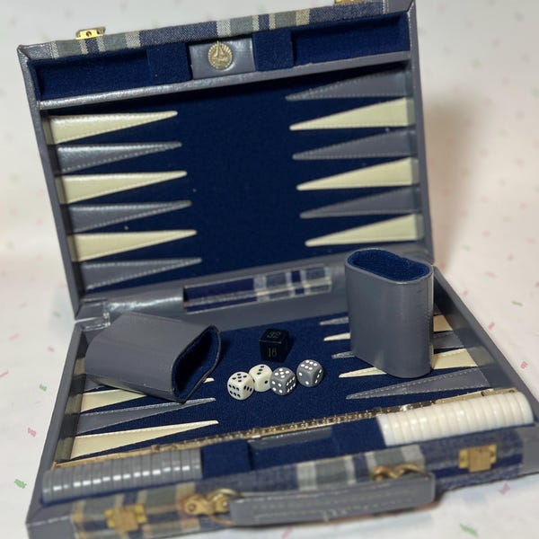 Vintage Aries Travel Backgammon Blue and Grey Plaid - Full Set